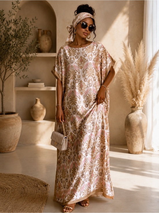 Dresses & Skirts - Luxe Satin Kaftan Maxi Dress Matching Scarf Champagne Gold Damask Resort Caftan